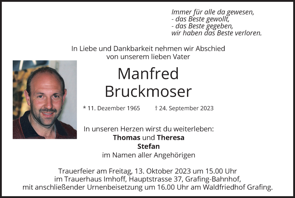  Traueranzeige für Manfred Bruckmoser vom 07.10.2023 aus merkurtz