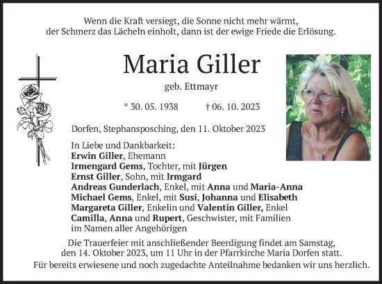 Traueranzeige von Maria Giller von merkurtz