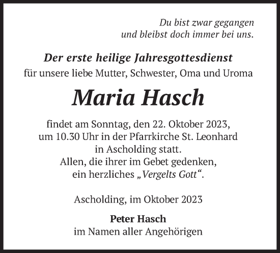 Traueranzeige von Maria Hasch von merkurtz