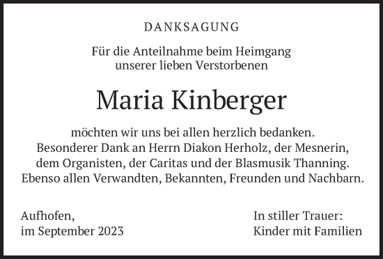 Traueranzeige von Maria Kinberger von merkurtz