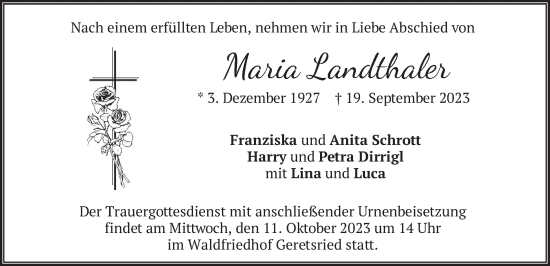 Traueranzeige von Maria Landthaler von merkurtz