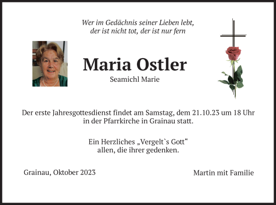 Traueranzeige von Maria Ostler von merkurtz