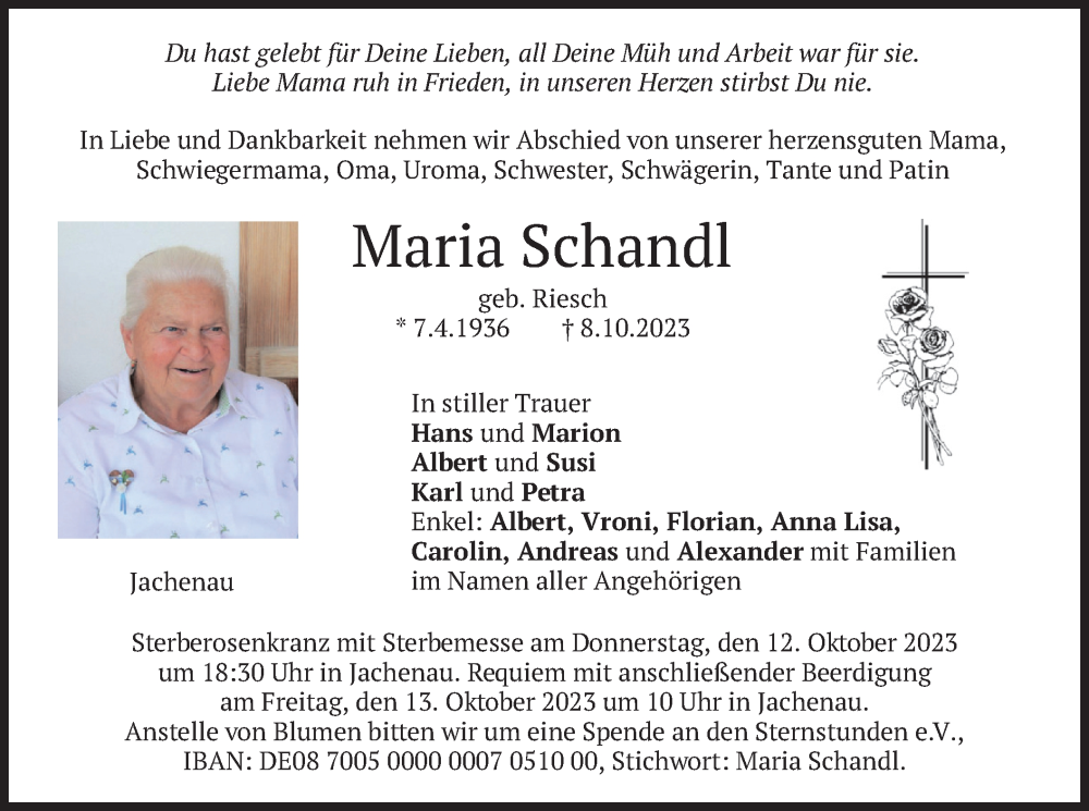  Traueranzeige für Maria Schandl vom 11.10.2023 aus merkurtz