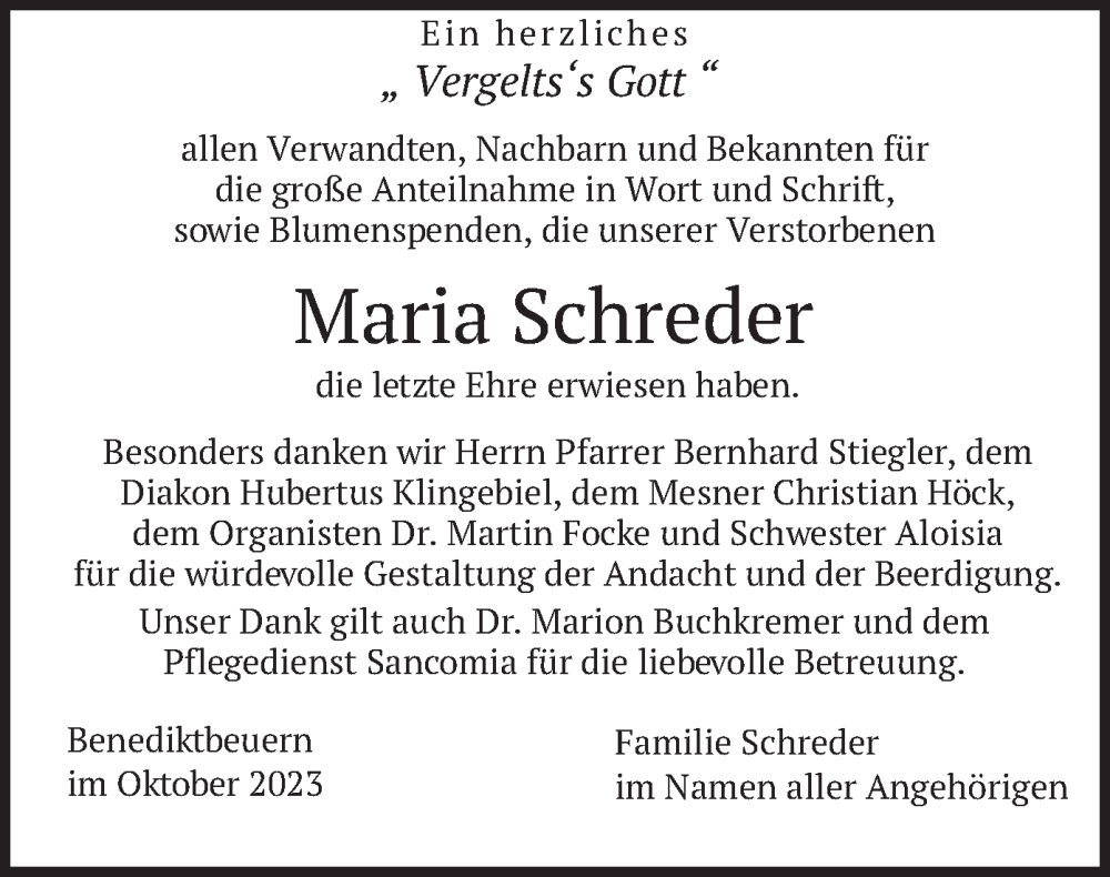  Traueranzeige für Maria Schreder vom 14.10.2023 aus merkurtz