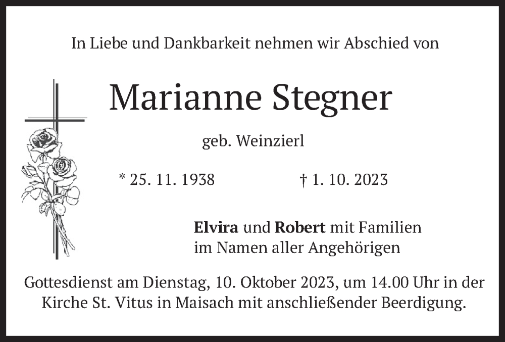  Traueranzeige für Marianne Stegner vom 06.10.2023 aus merkurtz