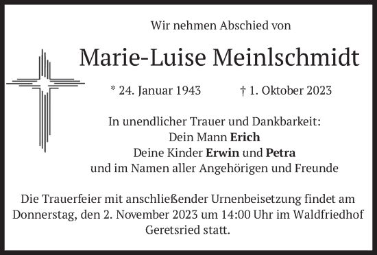 Traueranzeige von Marie-Luise Meinlschmidt von merkurtz