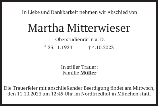 Traueranzeige von Martha Mitterwieser von merkurtz