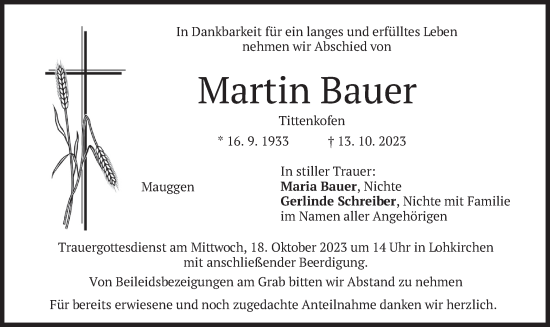 Traueranzeige von Martin Bauer von merkurtz
