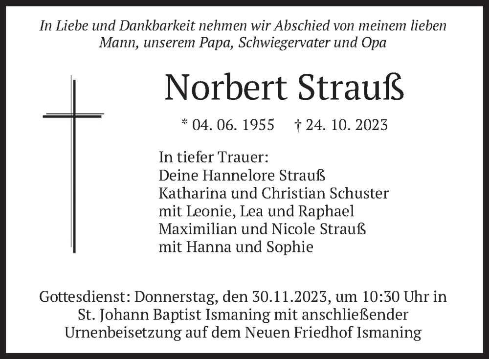  Traueranzeige für Norbert Strauß vom 31.10.2023 aus merkurtz