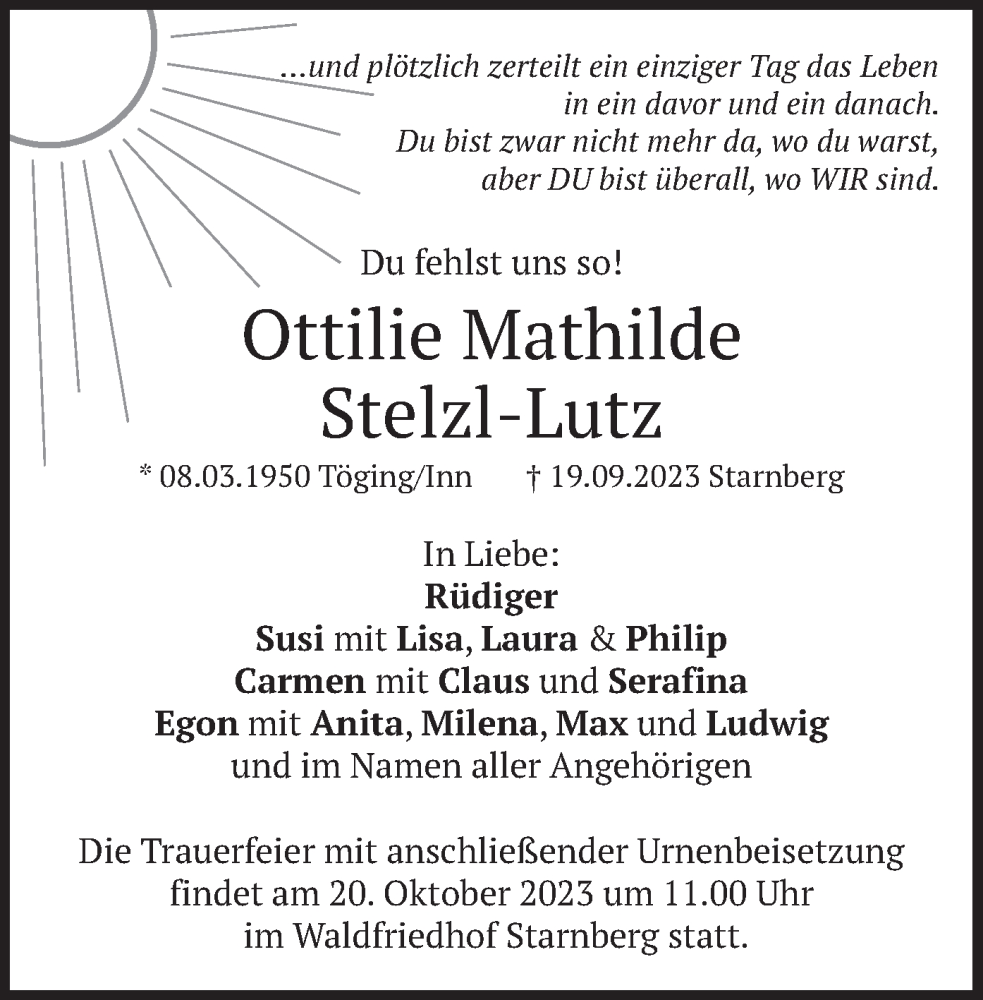  Traueranzeige für Ottilie Mathilde Stelzl-Lutz vom 14.10.2023 aus merkurtz