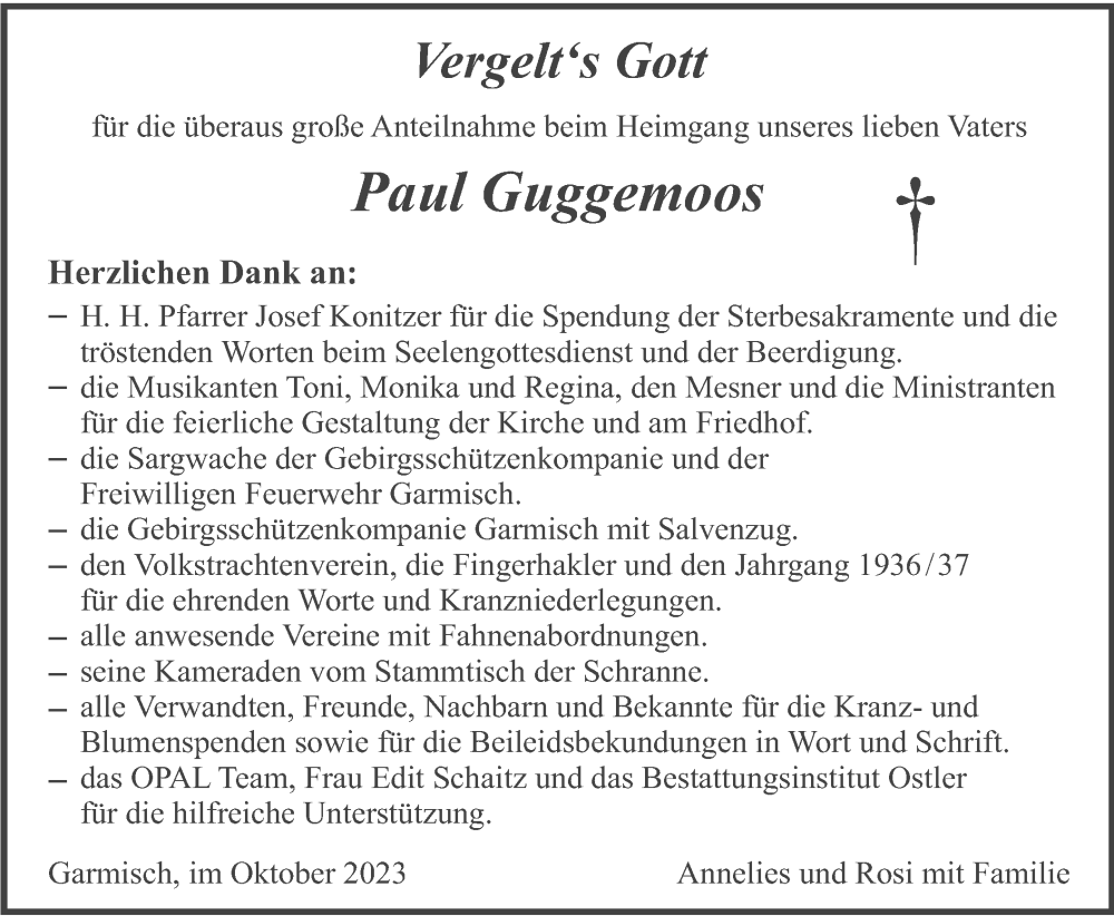  Traueranzeige für Paul Guggemoos vom 21.10.2023 aus merkurtz