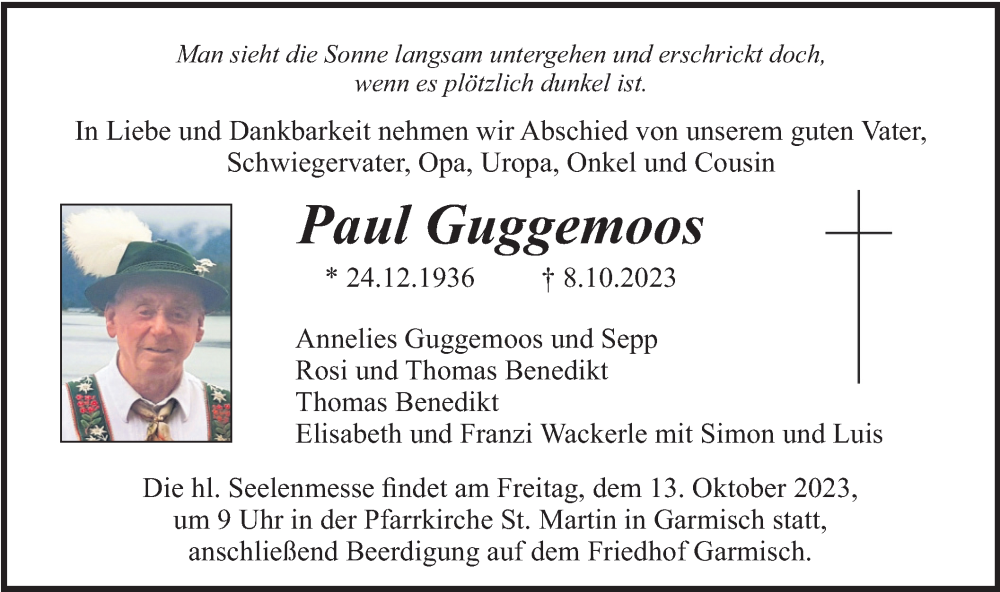  Traueranzeige für Paul Guggemoos vom 11.10.2023 aus merkurtz