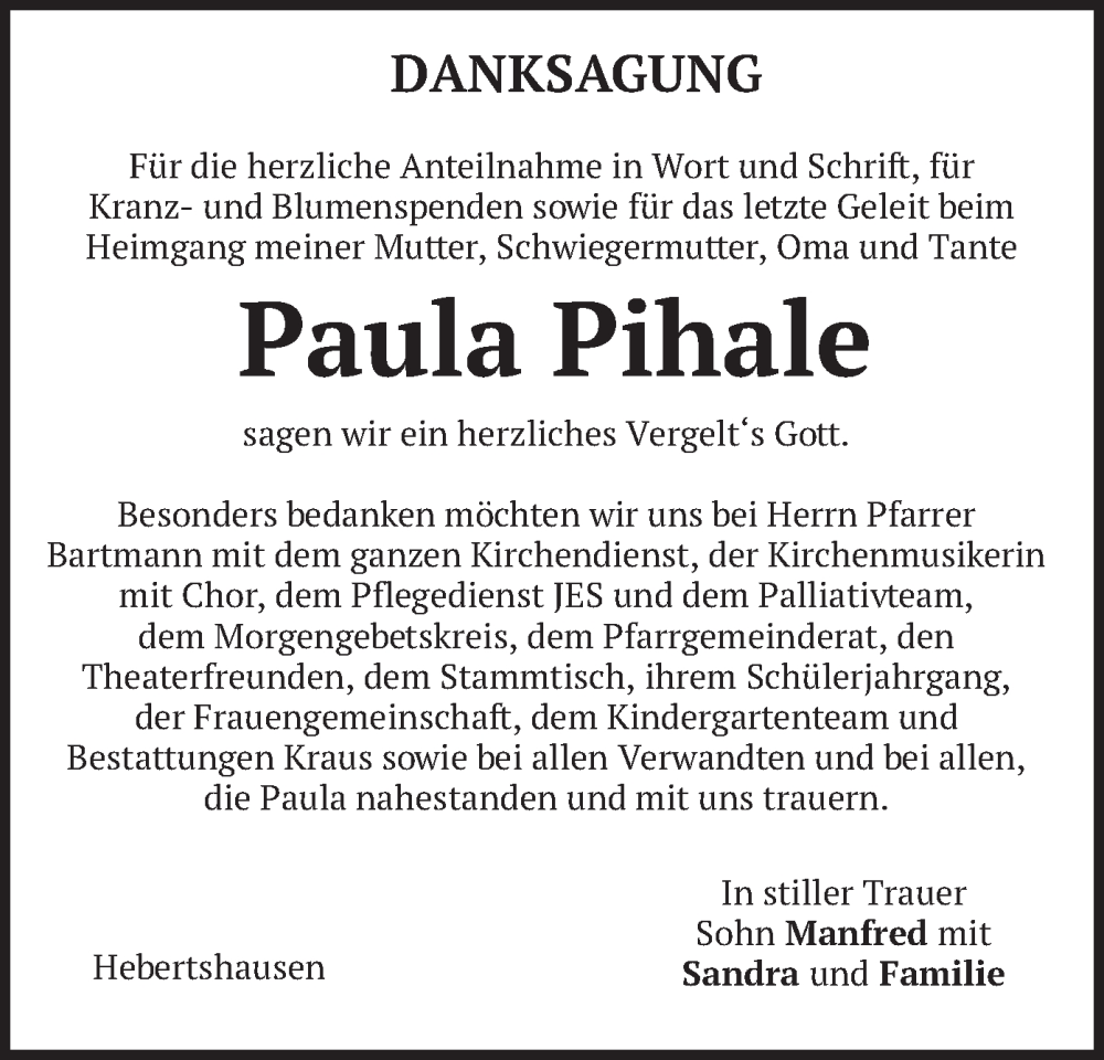  Traueranzeige für Paula Pihale vom 07.10.2023 aus merkurtz