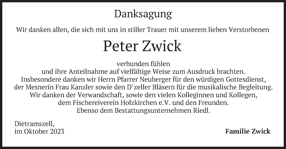  Traueranzeige für Peter Zwick vom 28.10.2023 aus merkurtz