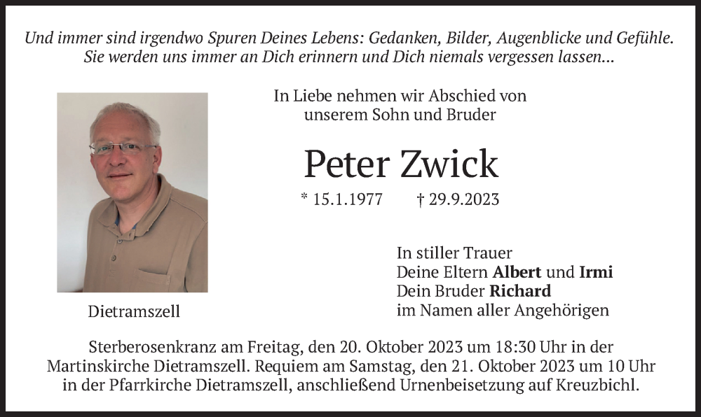  Traueranzeige für Peter Zwick vom 18.10.2023 aus merkurtz
