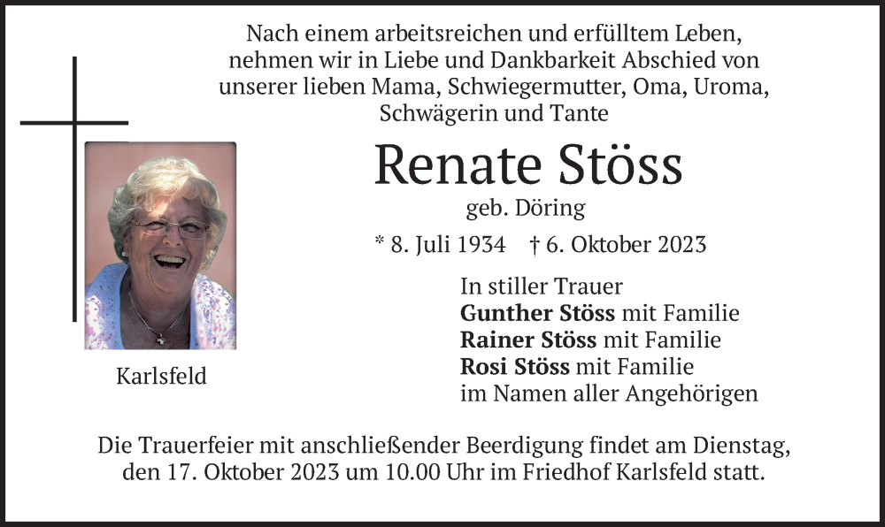  Traueranzeige für Renate Stöss vom 13.10.2023 aus merkurtz