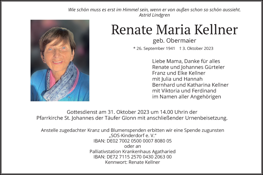  Traueranzeige für Renate Maria Kellner vom 14.10.2023 aus merkurtz