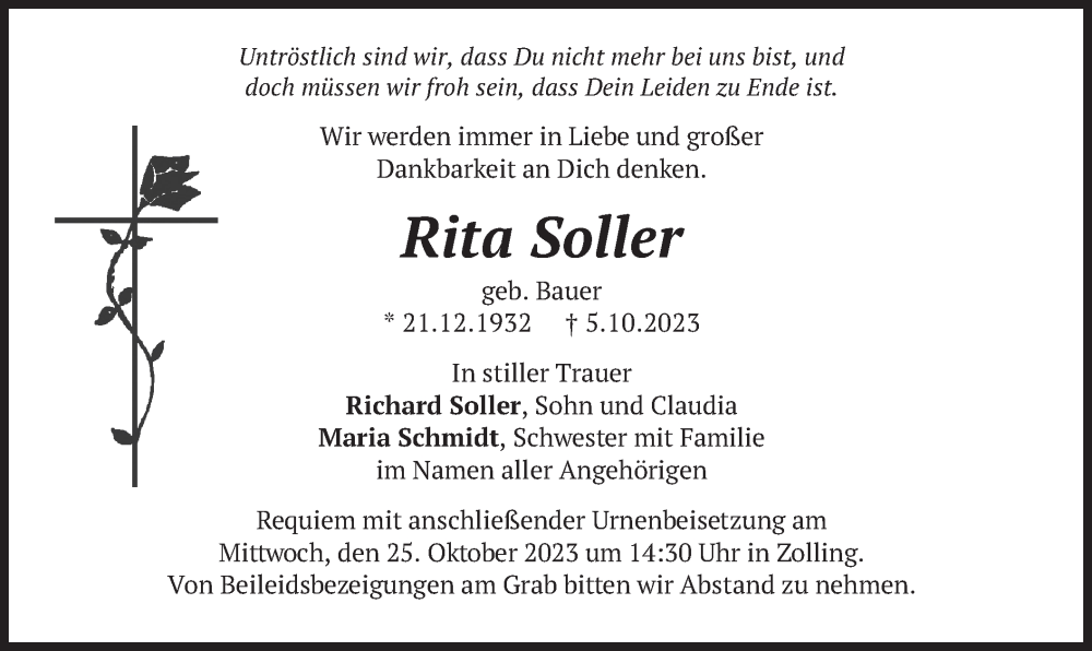  Traueranzeige für Rita Soller vom 18.10.2023 aus merkurtz