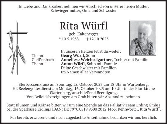 Traueranzeige von Rita Würfl von merkurtz