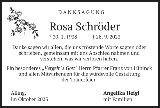 Traueranzeige von Rosa Schröder von merkurtz