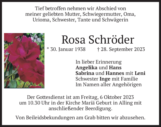 Traueranzeige von Rosa Schröder von merkurtz