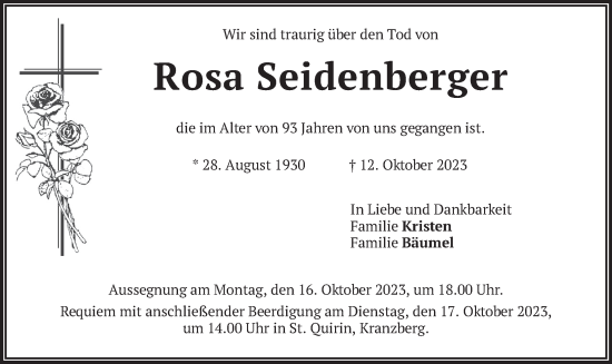 Traueranzeige von Rosa Seidenberger von merkurtz