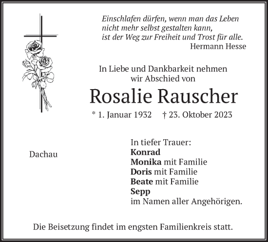 Traueranzeige von Rosalie Rauscher von merkurtz