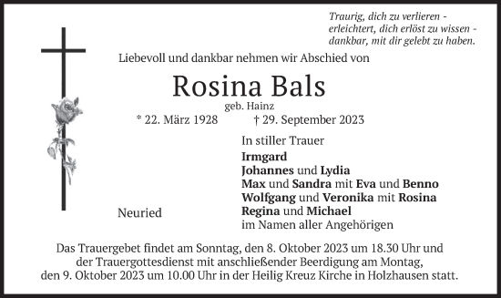 Traueranzeige von Rosina Bals von merkurtz