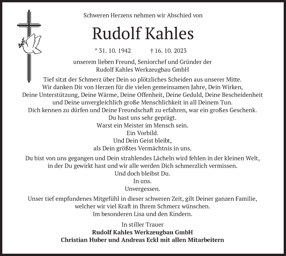  Traueranzeige für Rudolf Kahles vom 27.10.2023 aus merkurtz