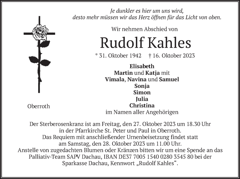  Traueranzeige für Rudolf Kahles vom 21.10.2023 aus merkurtz