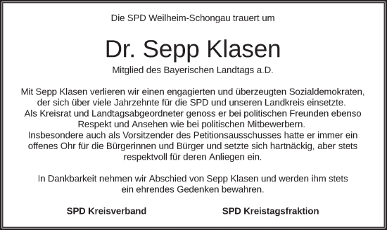 Traueranzeige von Sepp Klasen von merkurtz