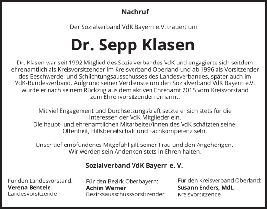 Traueranzeige von Sepp Klasen von merkurtz