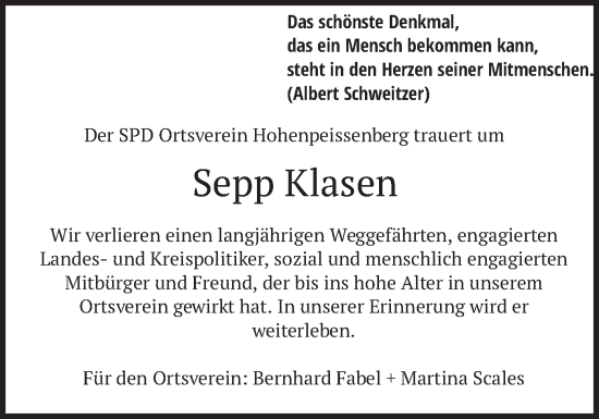 Traueranzeige von Sepp Klasen von merkurtz