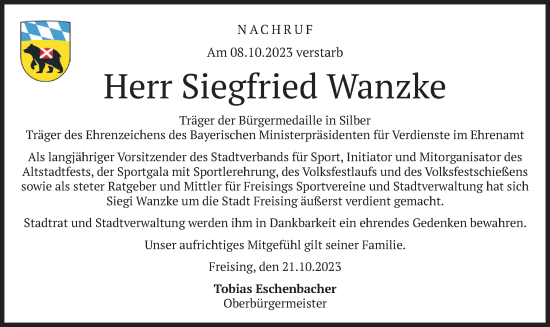 Traueranzeige von Siegfried Wanzke von merkurtz