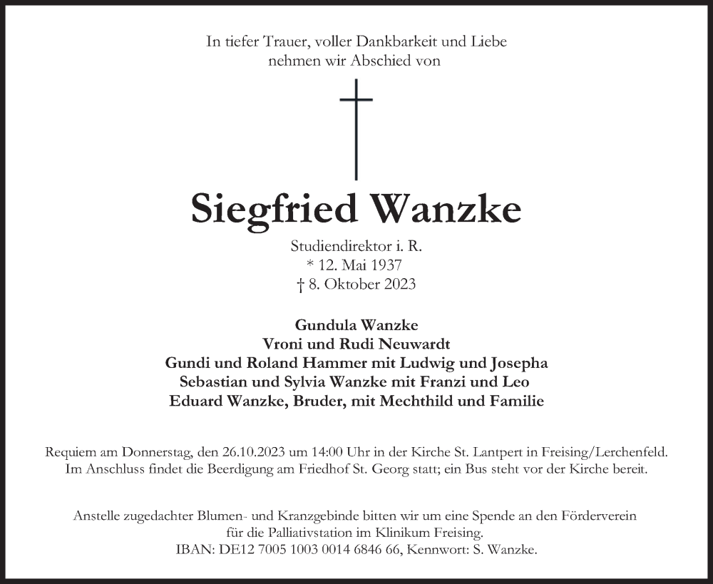  Traueranzeige für Siegfried Wanzke vom 21.10.2023 aus merkurtz