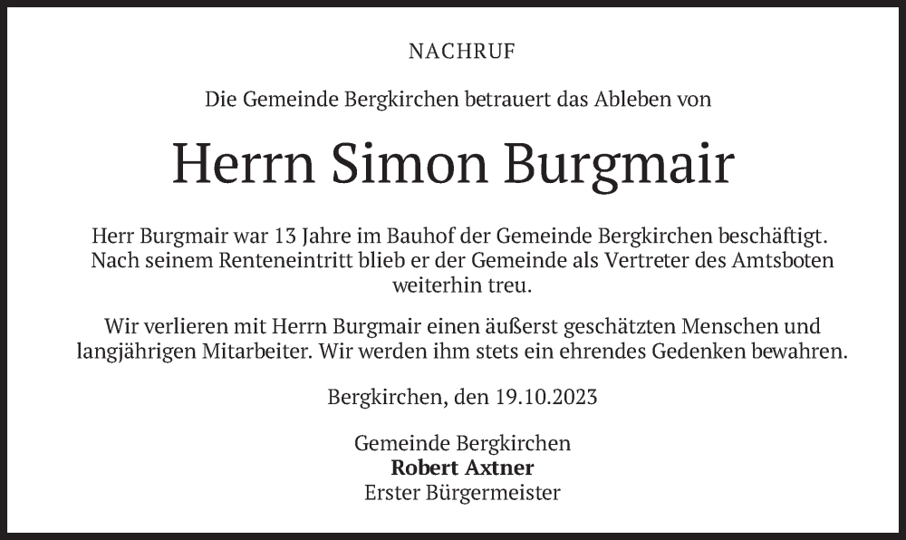  Traueranzeige für Simon Burgmair vom 19.10.2023 aus merkurtz