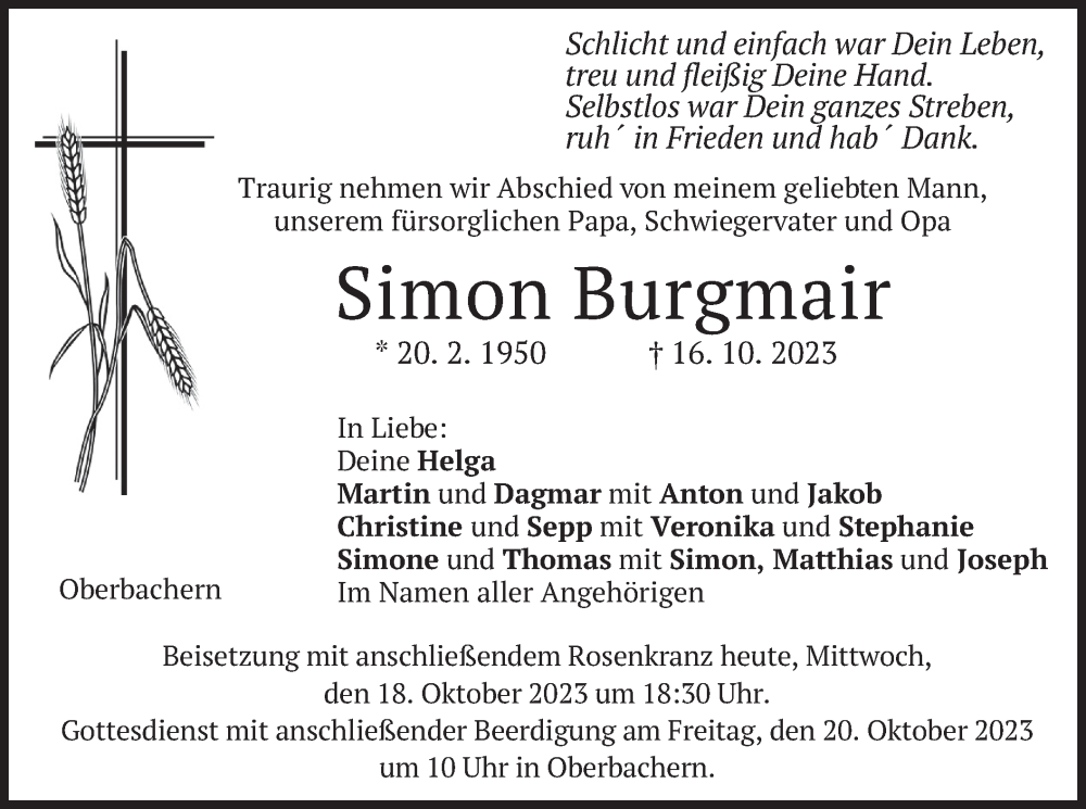  Traueranzeige für Simon Burgmair vom 18.10.2023 aus merkurtz