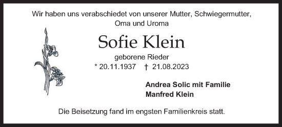 Traueranzeige von Sofie Klein von merkurtz