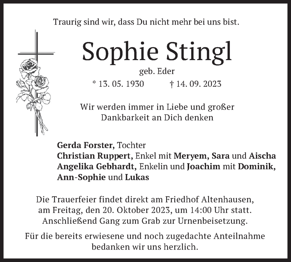  Traueranzeige für Sophie Stingl vom 14.10.2023 aus merkurtz