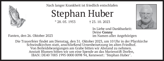 Traueranzeige von Stephan Huber von merkurtz