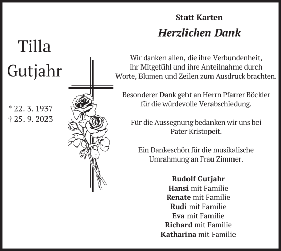 Traueranzeige von Tilla Gutjahr von merkurtz