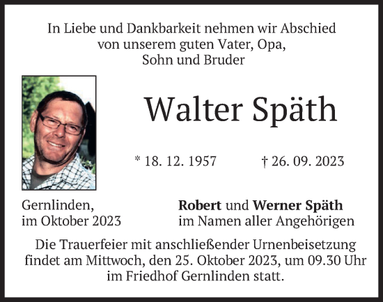 Traueranzeige von Walter Späth von merkurtz