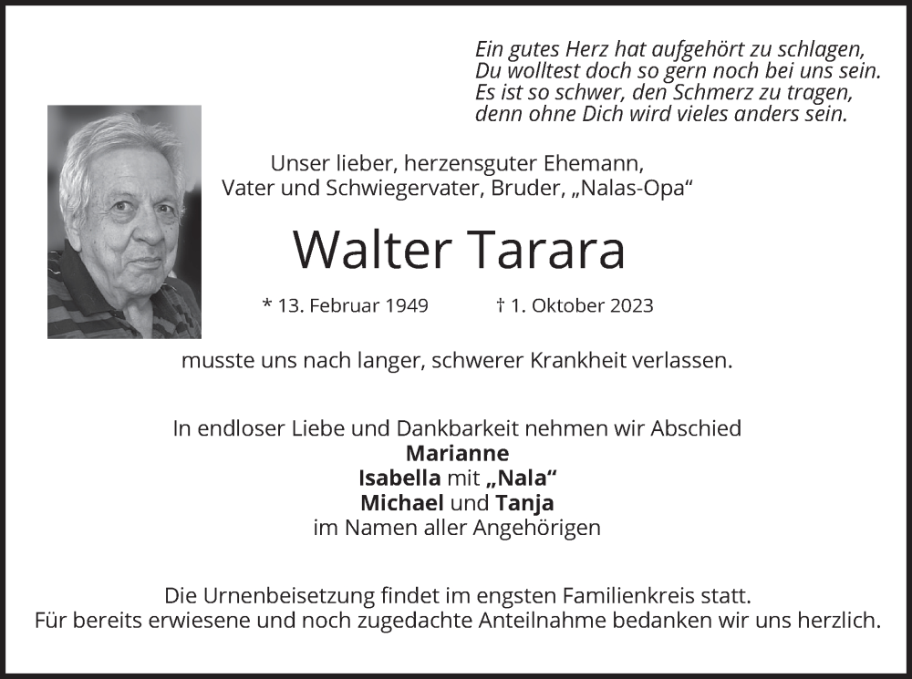  Traueranzeige für Walter Tarara vom 07.10.2023 aus merkurtz