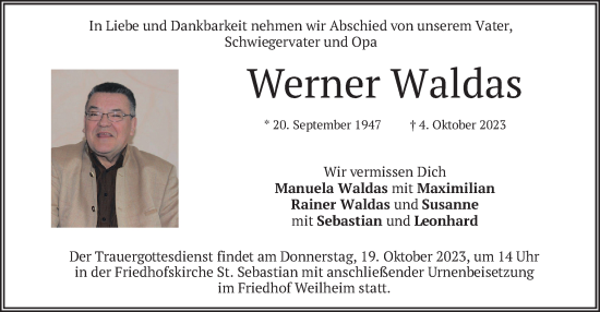 Traueranzeige von Werner Waldas von merkurtz