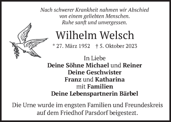 Traueranzeige von Wilhelm Welsch von merkurtz