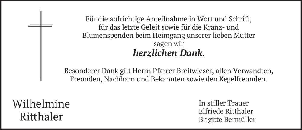  Traueranzeige für Wilhelmine Ritthaler vom 07.10.2023 aus merkurtz