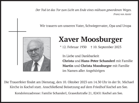 Traueranzeige von Xaver Moosburger von merkurtz