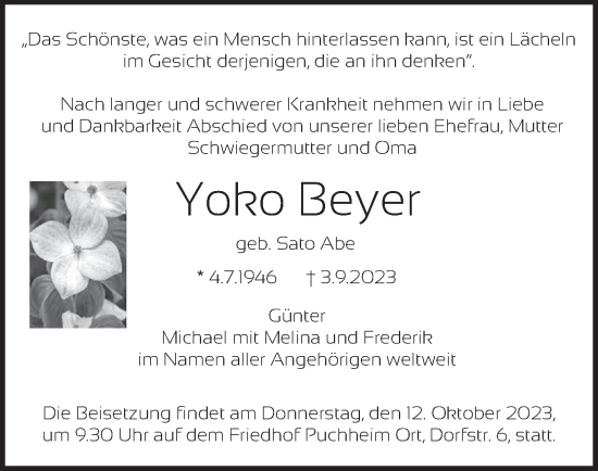 Traueranzeige von Yoko Beyer von merkurtz