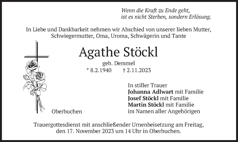  Traueranzeige für Agathe Stöckl vom 15.11.2023 aus merkurtz