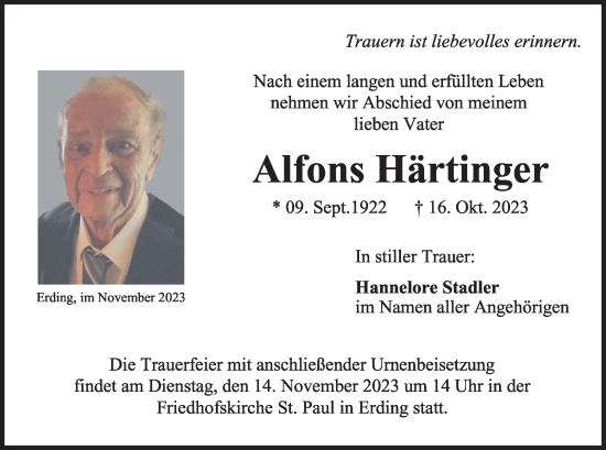 Traueranzeige von Alfons Härtinger von merkurtz
